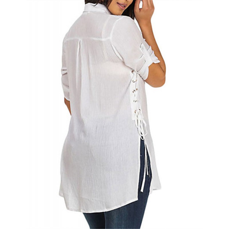 Women's White Button up Tunic Shirt with Lace up Sides