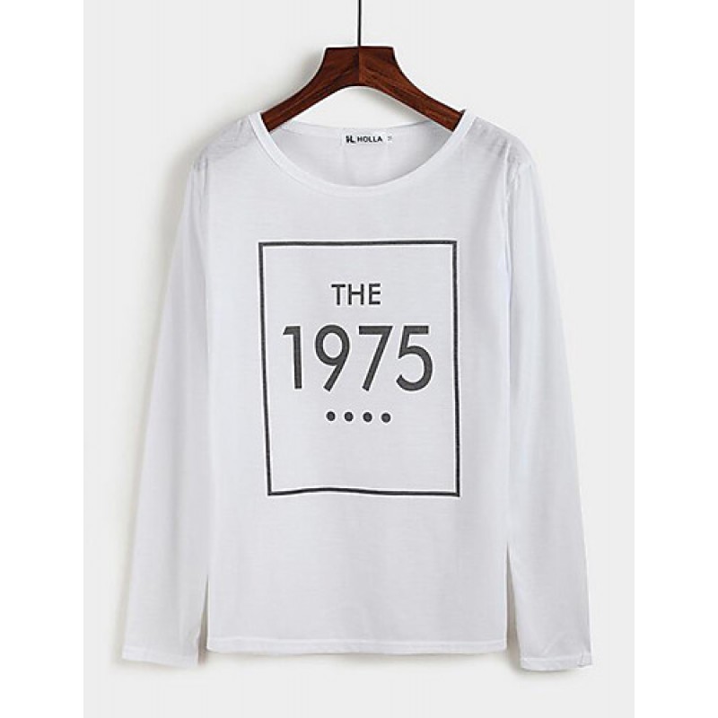 Women's Casual/Daily Street chic Spring / Fall T-shirtLetter Round Neck Long Sleeve White / Black Cotton Medium