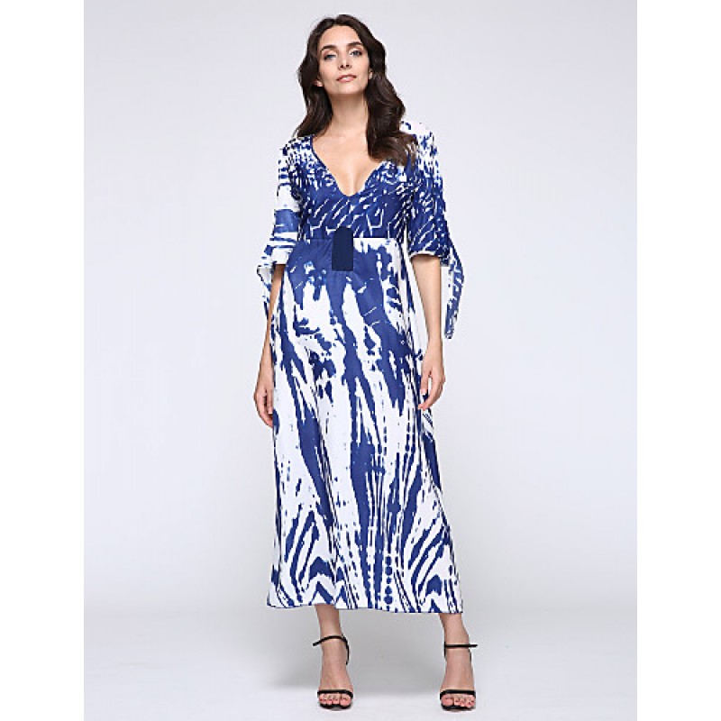 New Boho Maxi Dress Contrast Print Deep V-Neck Sid...